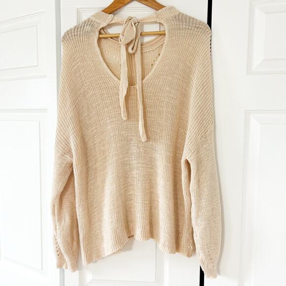 American Eagle Cream Knit Tie-Back Open Keyhole Sweater Women’s Size Large - Picture 3 of 5